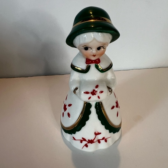 Vintage Christmas Decor porcelain Victorian Lady with Green hat Dinner Bell - Picture 2 of 9